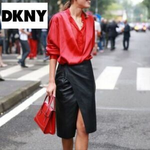 DKNY Red & Black Silk Faux Wrap Top